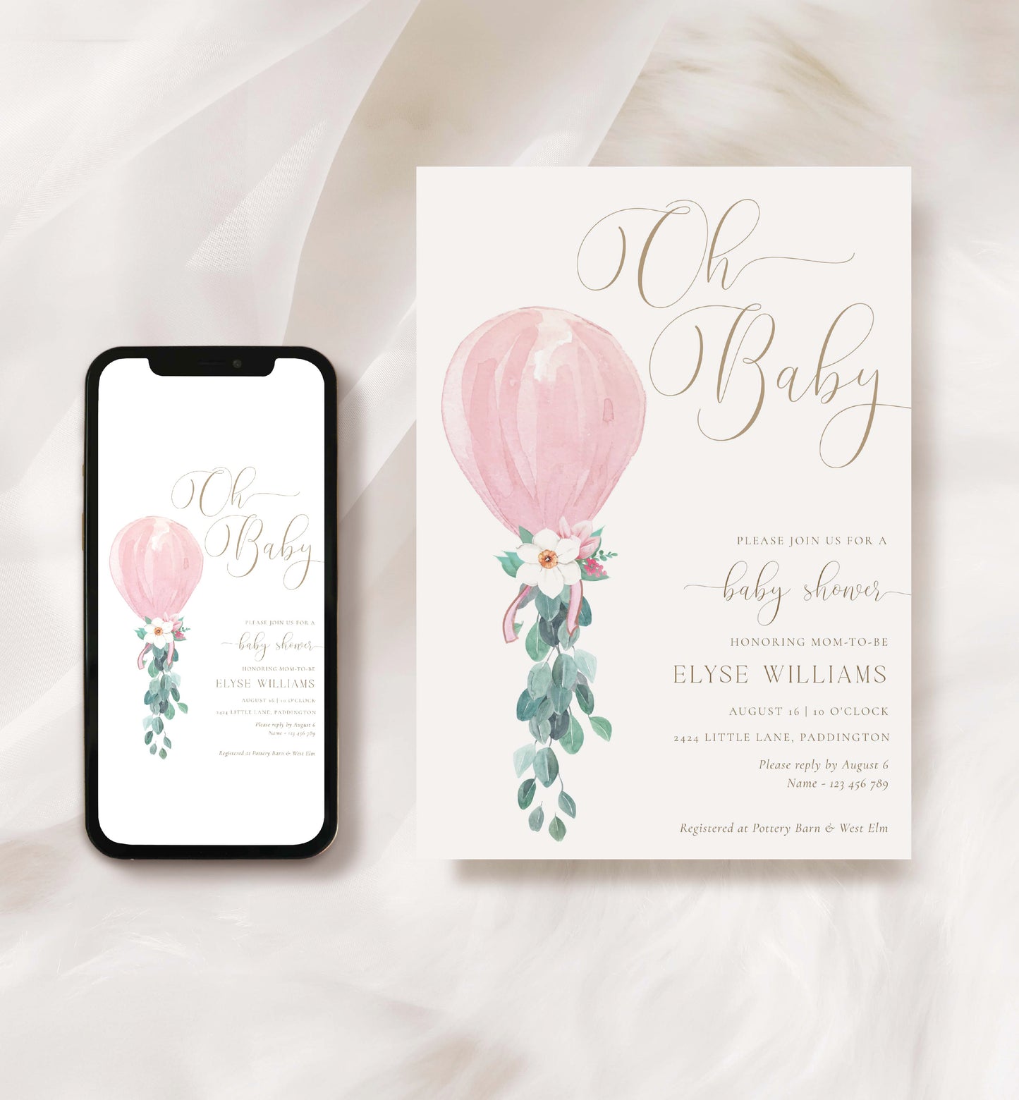 Oh Baby Baby Shower Invitation Template, Printable Pink Balloon Baby Shower Invite, Editable Girl Baby Baby Shower Invite, Darlington