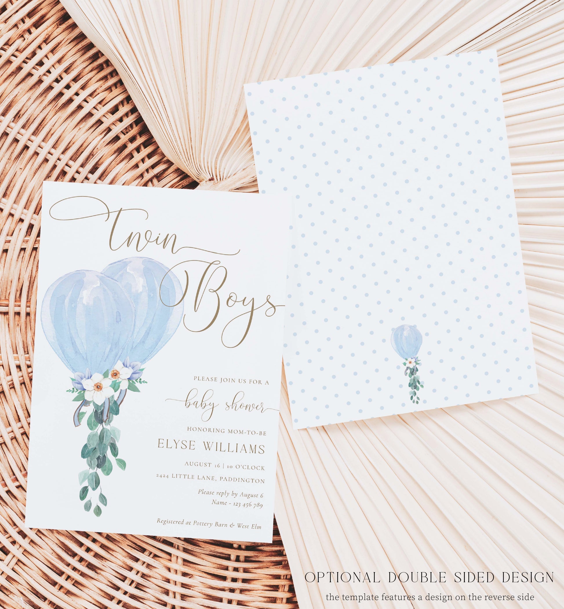 Twin Boys Baby Shower Invitation Template, Printable Balloon Boy Baby Shower Invitation, Editable Boy Baby Baby Shower Invite, Darlington