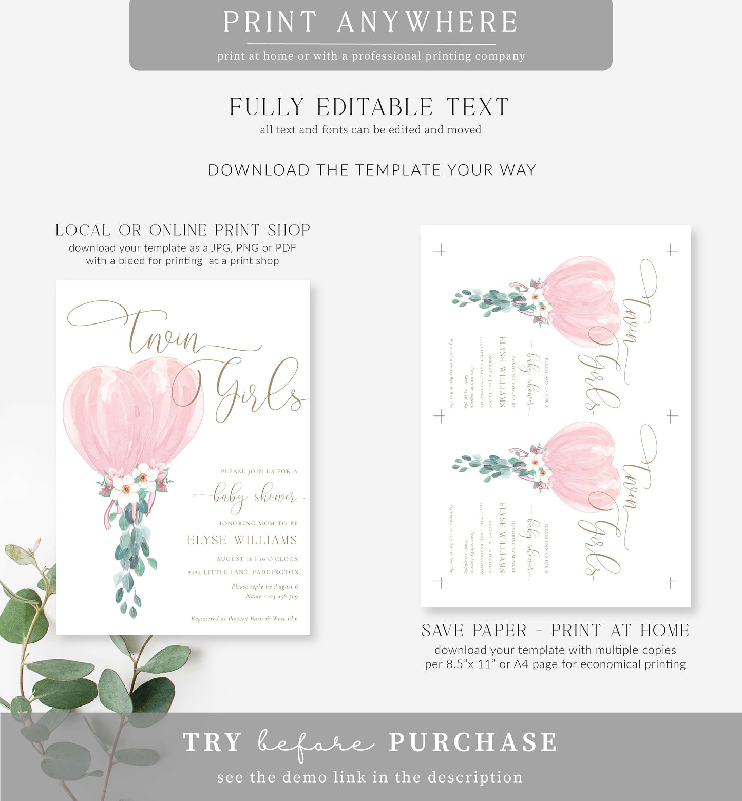 Darlington Pink | Printable Twin Girls Baby Shower Invitation Suite Template