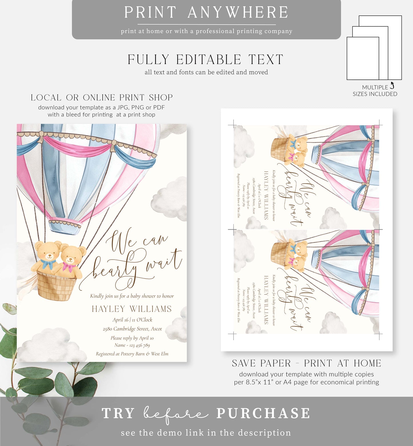 Bearly Wait | Printable Twins Baby Shower Invitation Template