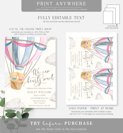 Bearly Wait | Printable Twins Baby Shower Invitation Template
