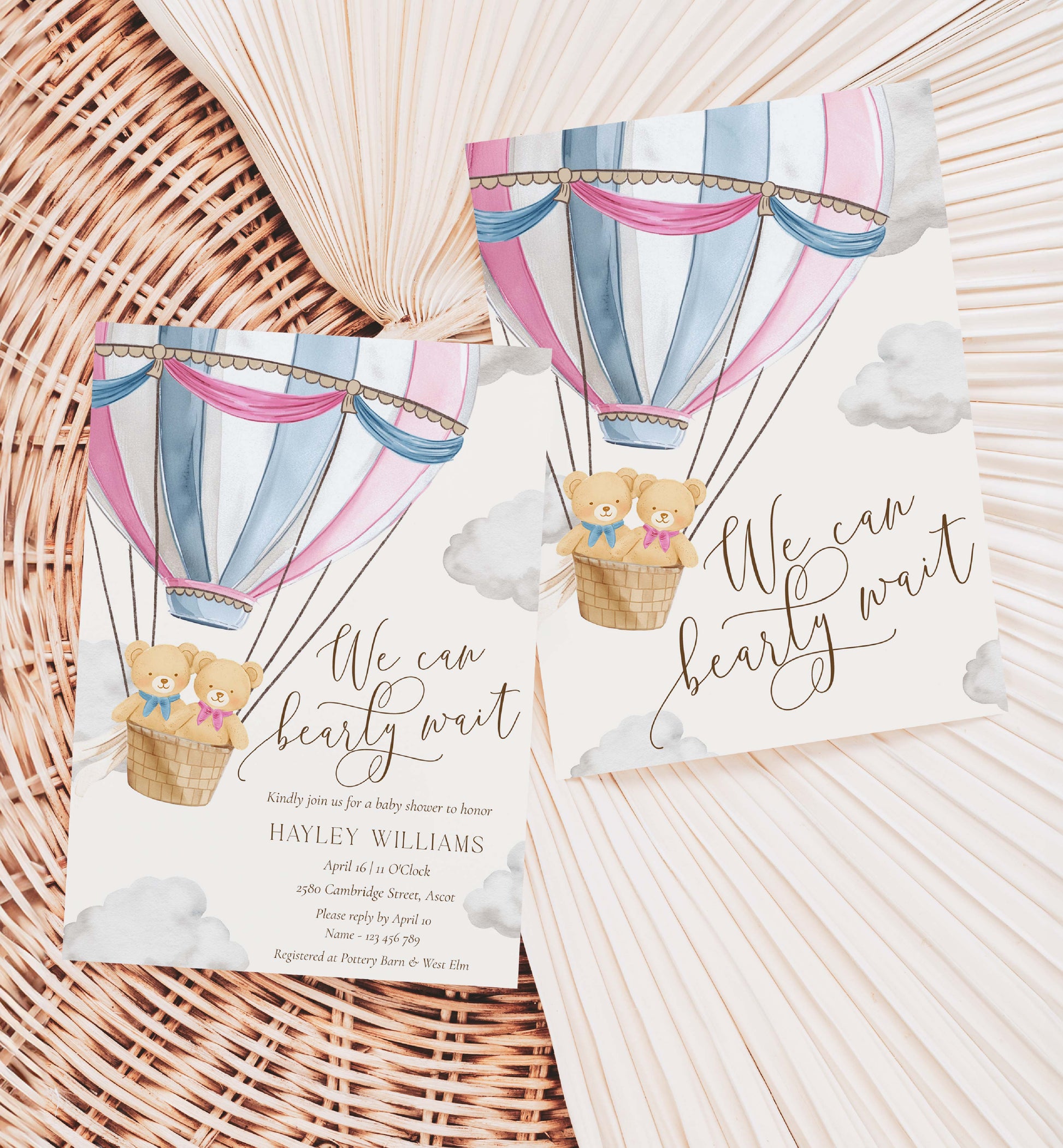 Baby shower invitations with hot air balloon and teddy bear design on a woven surface. Printable Bearly Wait Twins Baby Shower Invitation Template, Teddy Bear Boy Girl Baby Shower, Hot Air Balloon Baby Shower, Baby Shower Evite