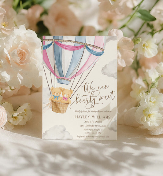 Baby shower invitation with hot air balloon and teddy bears on a floral background. Printable Bearly Wait Twins Baby Shower Invitation Template, Teddy Bear Boy Girl Baby Shower, Hot Air Balloon Baby Shower, Baby Shower Evite