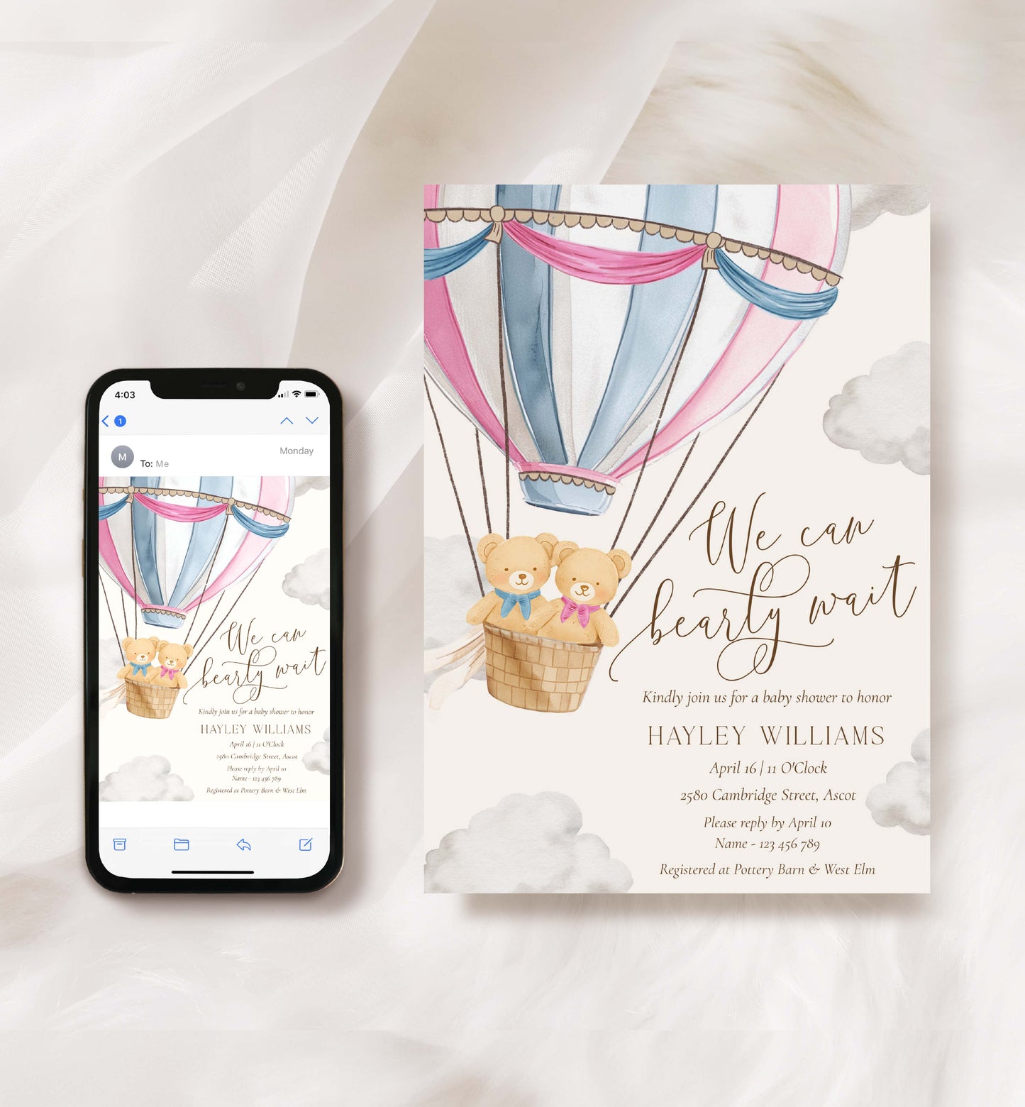 Baby shower invitation with hot air balloon and teddy bears, displayed on a phone and paper. Printable Bearly Wait Twins Baby Shower Invitation Template, Teddy Bear Boy Girl Baby Shower, Hot Air Balloon Baby Shower, Baby Shower Evite