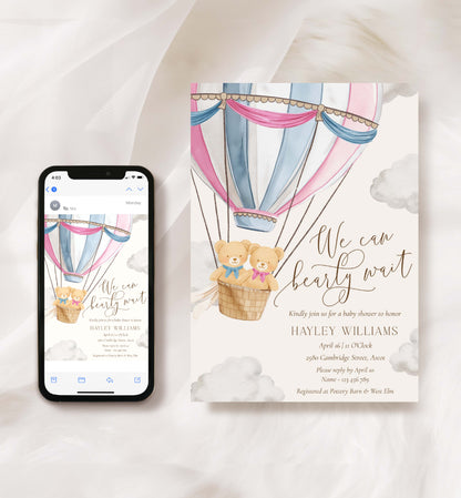 Baby shower invitation with hot air balloon and teddy bears, displayed on a phone and paper. Printable Bearly Wait Twins Baby Shower Invitation Template, Teddy Bear Boy Girl Baby Shower, Hot Air Balloon Baby Shower, Baby Shower Evite