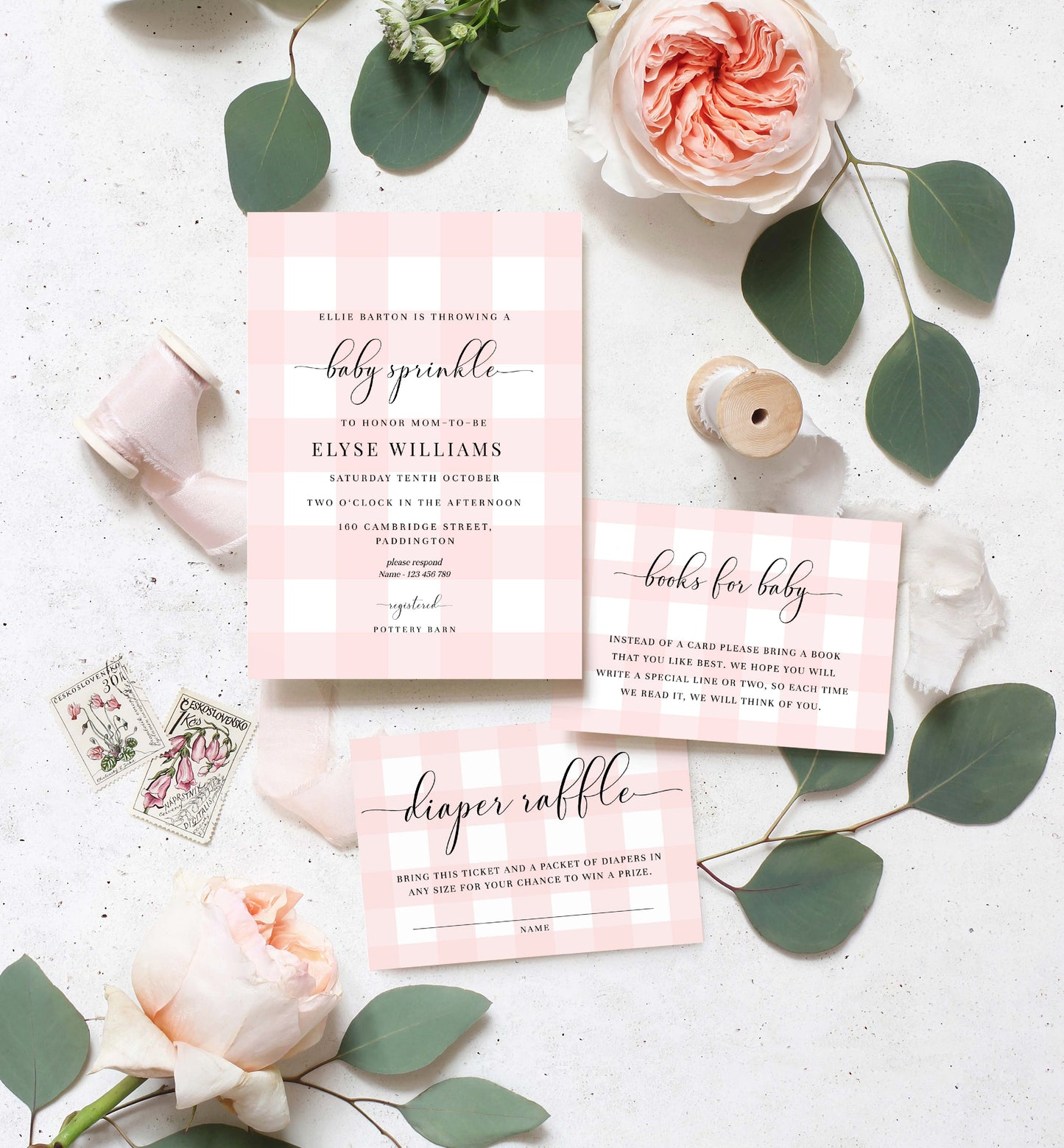 Pink Gingham Baby Sprinkle Invitation, Books For Baby, Diaper Raffle Ticket, Printable Girl Baby Shower Invite, Plaid Check Baby Shower