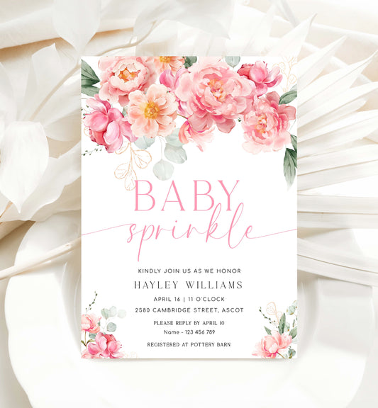Printable Baby Sprinkle Invitation Template, Editable Hot Pink Peony Baby Shower Invitation, Spring Floral Girl Baby Shower Evite, Piper