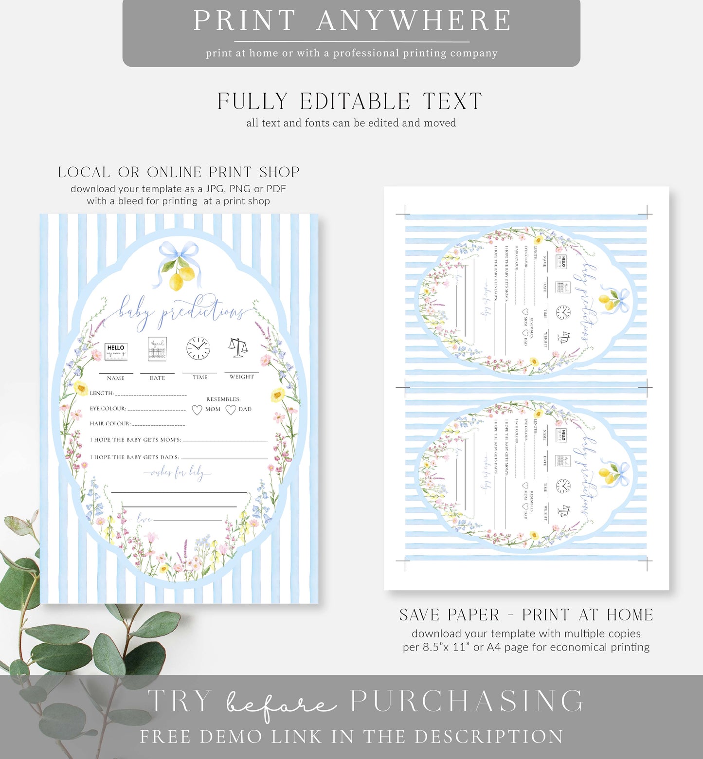Posey Blue | Printable Baby Predictions Game Template