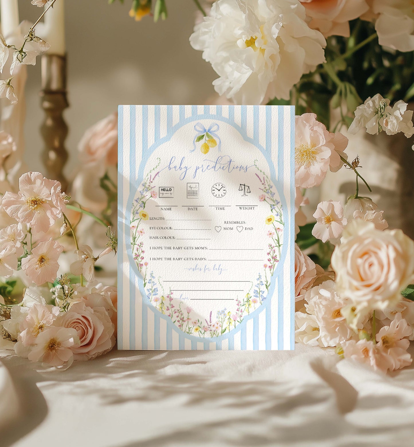 Baby shower invitation card with floral design on a floral background. Printable Baby Predictions Game Template, Blue Bow Ribbon, Spring Wildflowers, Boy Baby Shower Game, Baby Sprinkle Game, Posey