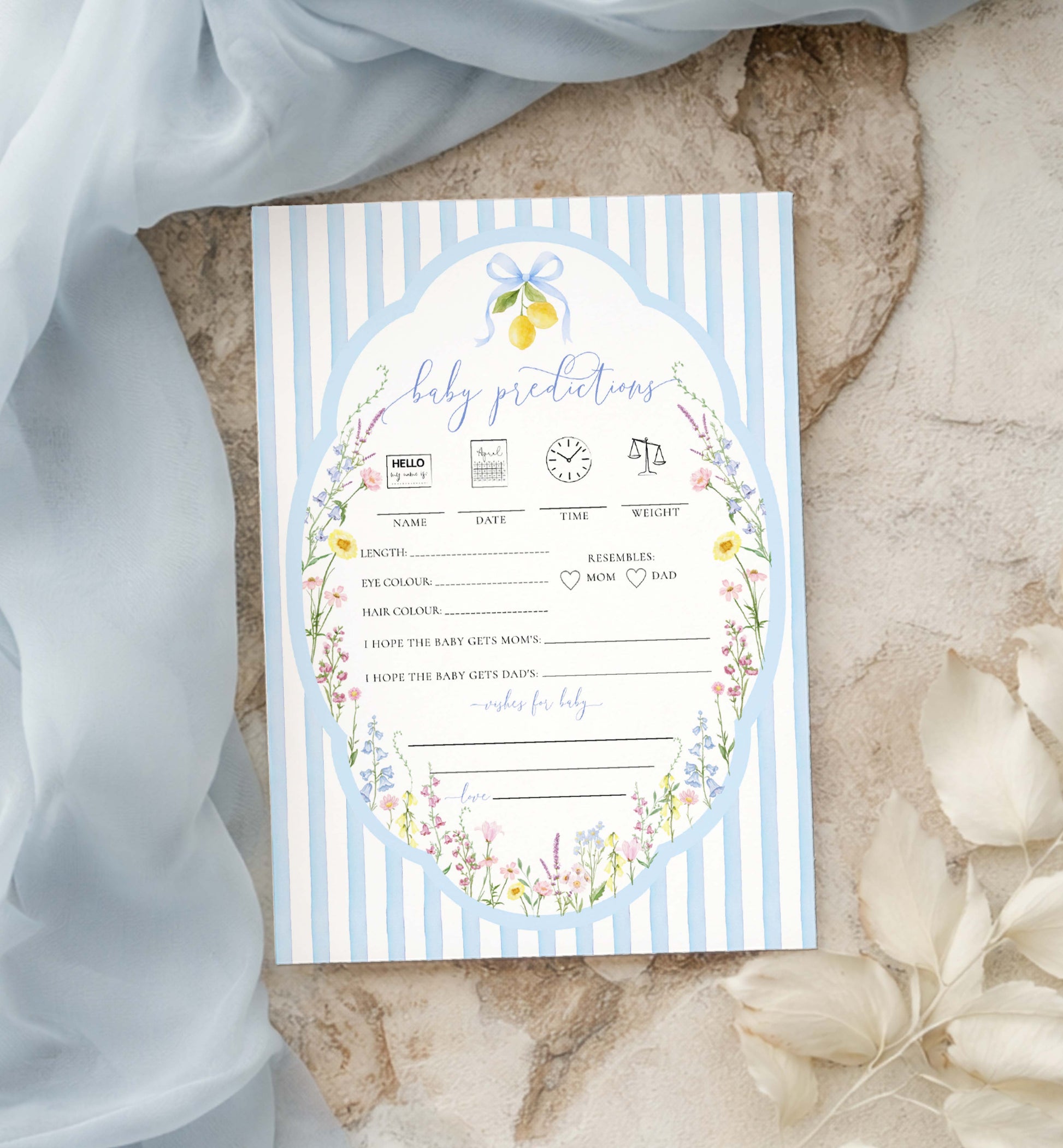 Baby questionnaire card with floral design on a marble surface. Printable Baby Predictions Game Template, Blue Bow Ribbon, Spring Wildflowers, Boy Baby Shower Game, Baby Sprinkle Game, Posey