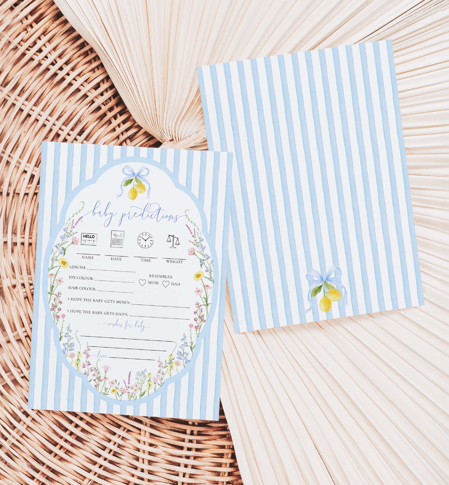 Two baby shower invitations with blue stripes on a woven surface. Printable Baby Predictions Game Template, Blue Bow Ribbon, Spring Wildflowers, Boy Baby Shower Game, Baby Sprinkle Game, Posey