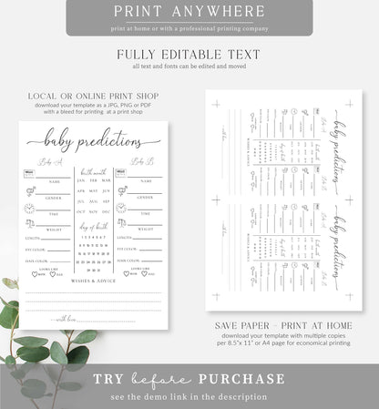 Quinn Script White | Printable Twins Baby Predictions Game Template