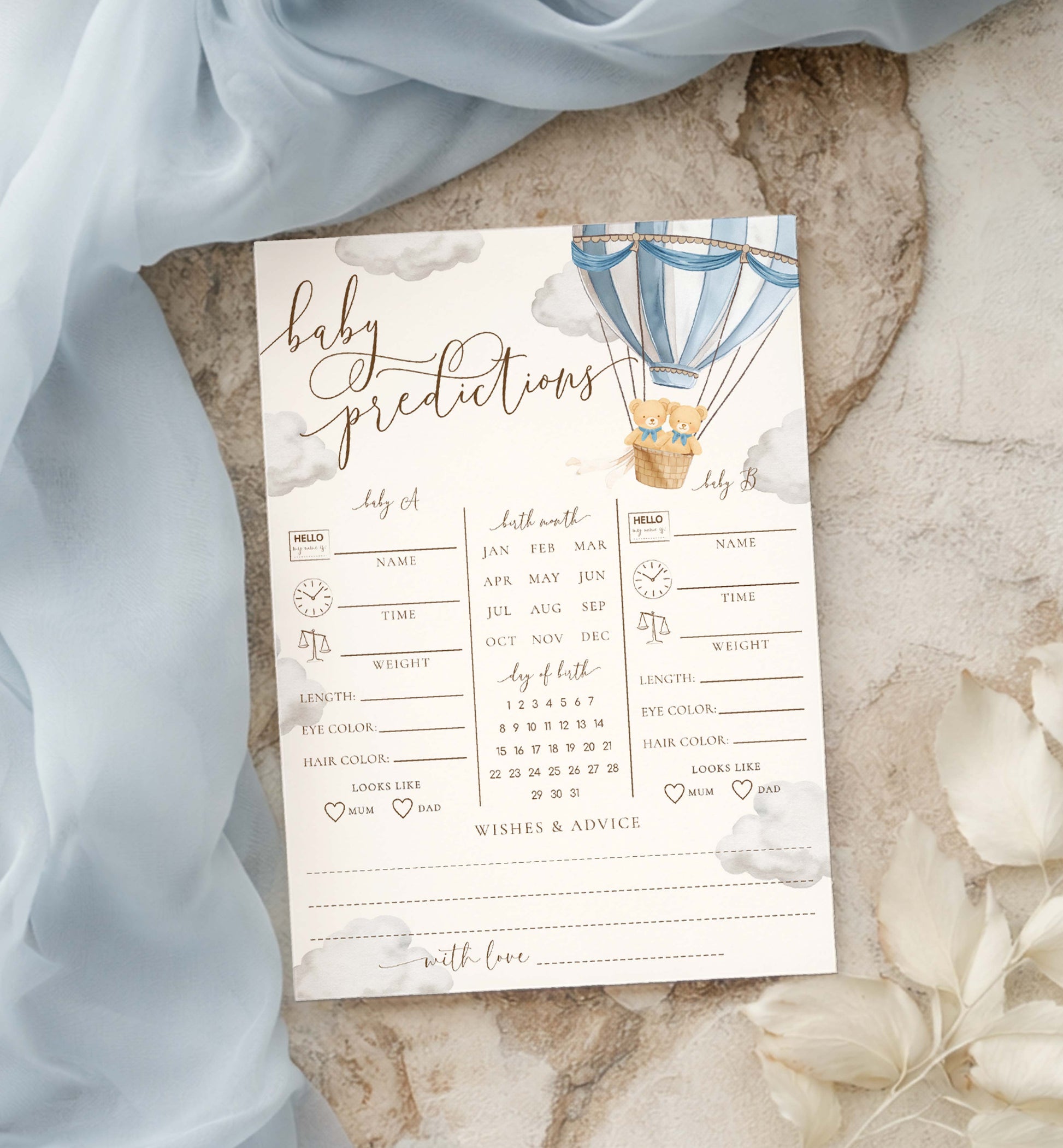 Printable Twins Baby Predictions Game, Bearly Wait Boy Twin Baby Shower Games, Teddy Bear Hot Air Balloon Baby Shower, Wishes For Baby