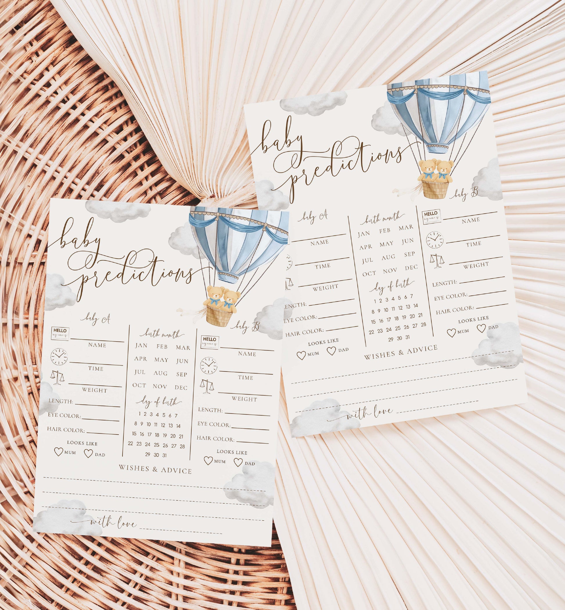 Printable Twins Baby Predictions Game, Bearly Wait Boy Twin Baby Shower Games, Teddy Bear Hot Air Balloon Baby Shower, Wishes For Baby
