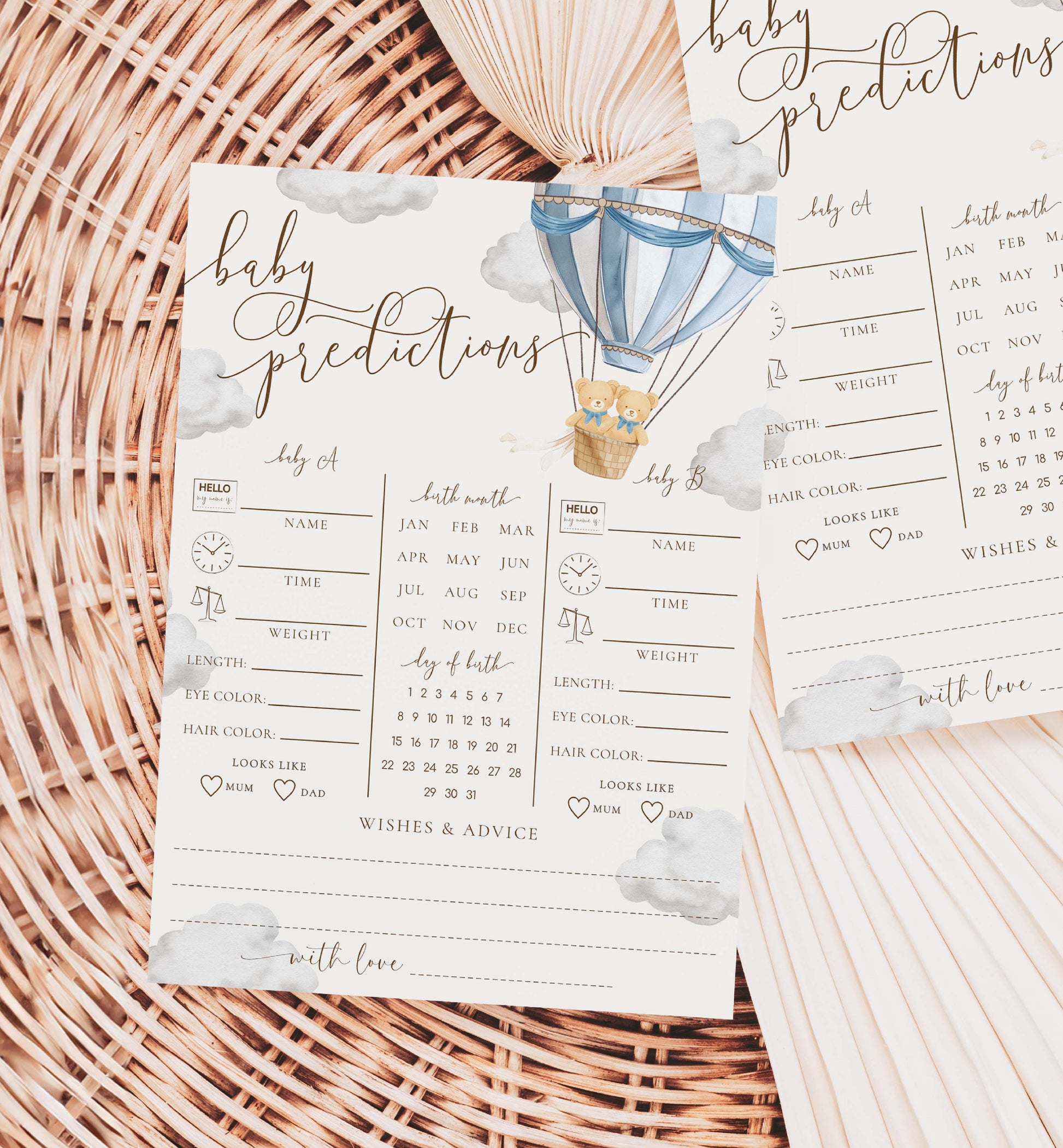 Printable Twins Baby Predictions Game, Bearly Wait Boy Twin Baby Shower Games, Teddy Bear Hot Air Balloon Baby Shower, Wishes For Baby