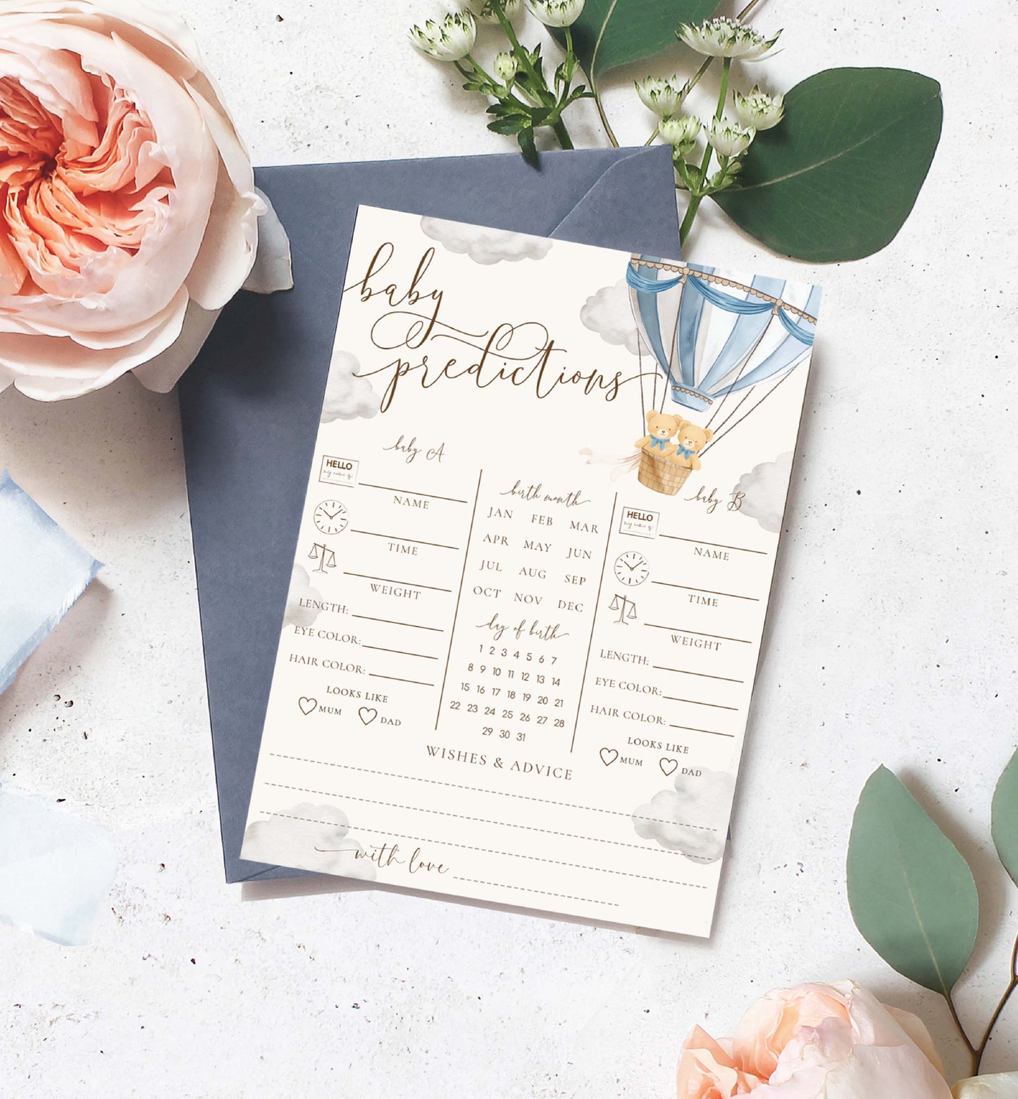 Printable Twins Baby Predictions Game, Bearly Wait Boy Twin Baby Shower Games, Teddy Bear Hot Air Balloon Baby Shower, Wishes For Baby