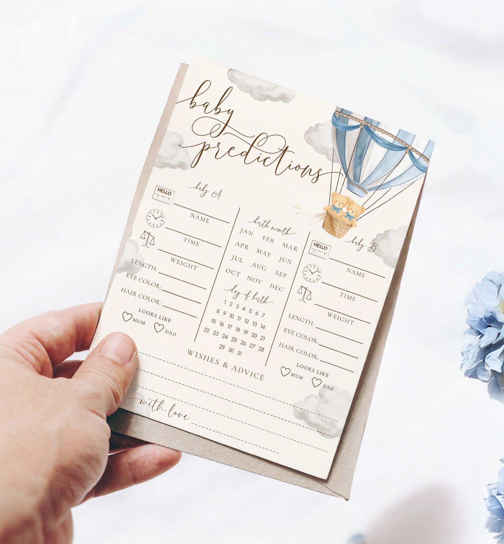 Printable Twins Baby Predictions Game, Bearly Wait Boy Twin Baby Shower Games, Teddy Bear Hot Air Balloon Baby Shower, Wishes For Baby