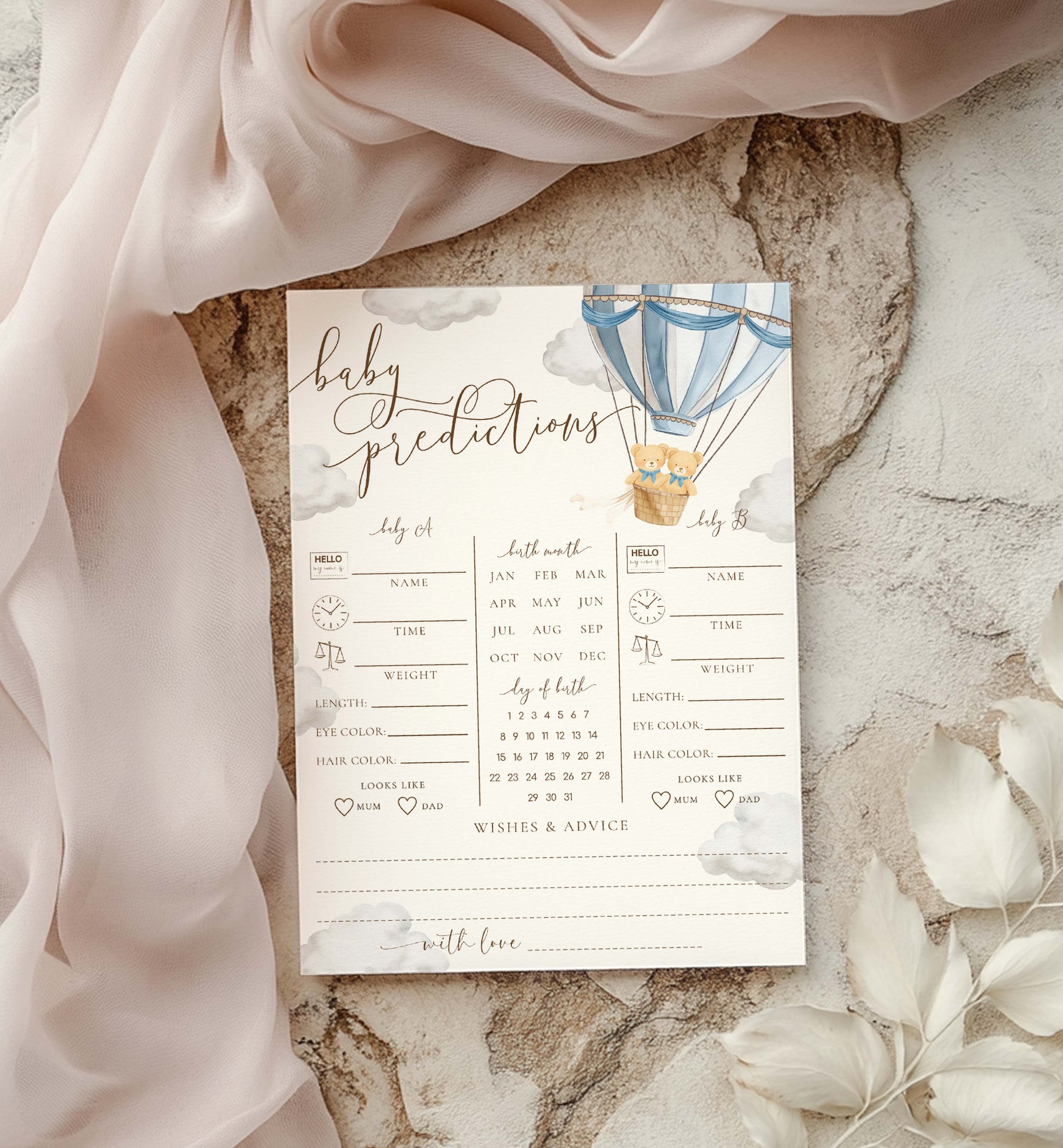 Printable Twins Baby Predictions Game, Bearly Wait Boy Twin Baby Shower Games, Teddy Bear Hot Air Balloon Baby Shower, Wishes For Baby