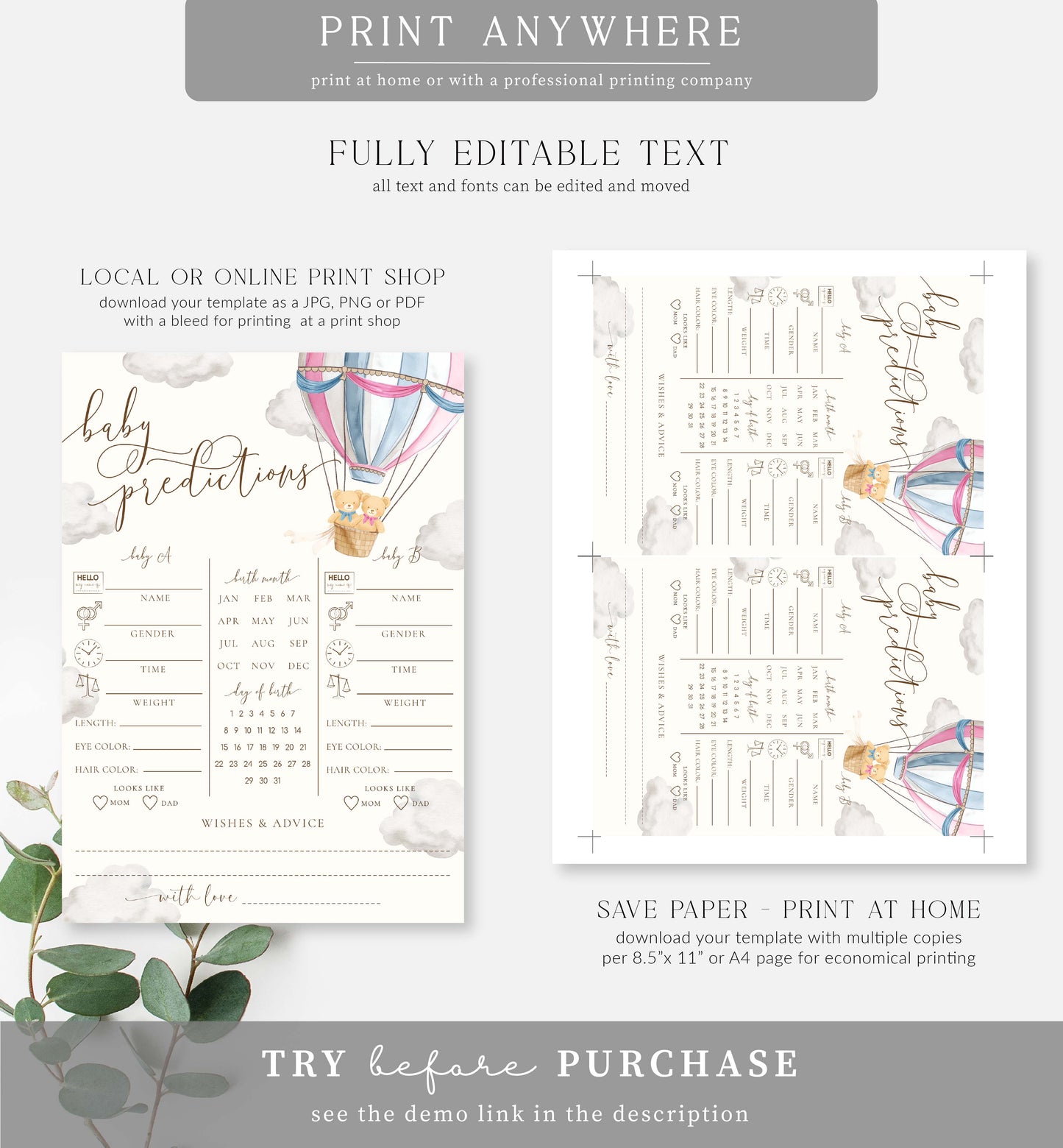 Bearly Wait Pink Blue | Printable Twins Baby Predictions Game Template