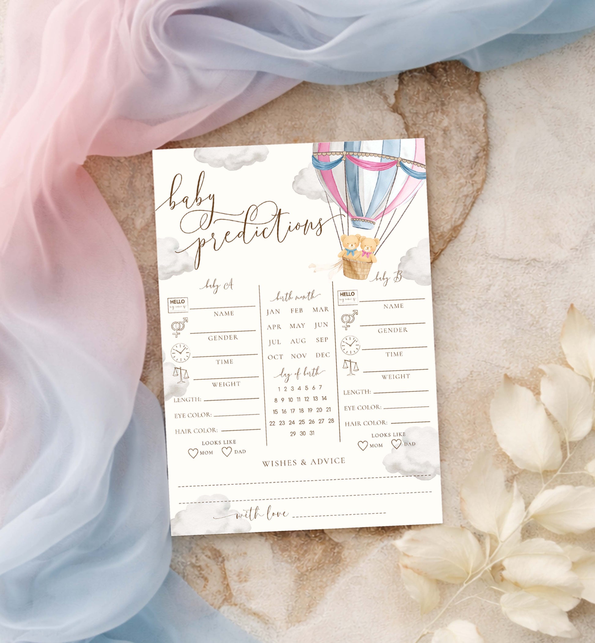 Printable Twins Baby Predictions Game, Bearly Wait Boy Girl Twin Baby Shower Games, Teddy Bear Hot Air Balloon Baby Shower, Wishes For Baby