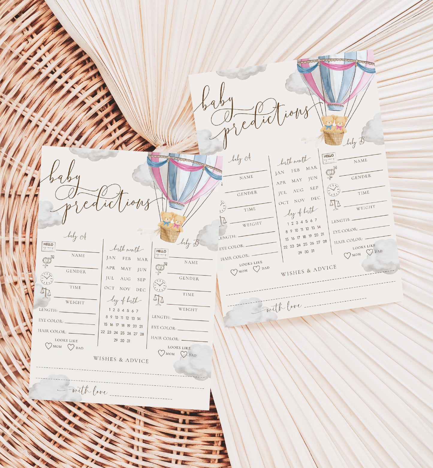 Printable Twins Baby Predictions Game, Bearly Wait Boy Girl Twin Baby Shower Games, Teddy Bear Hot Air Balloon Baby Shower, Wishes For Baby