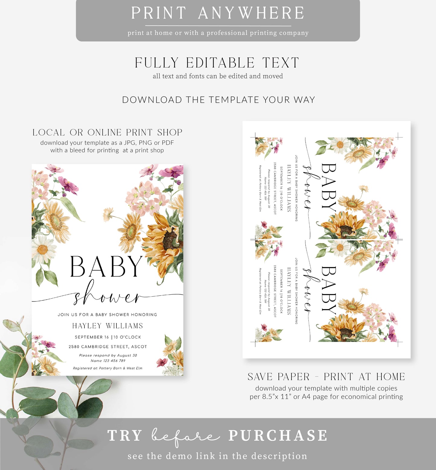 Mews Floral White | Printable Baby Shower Invitation Suite Template