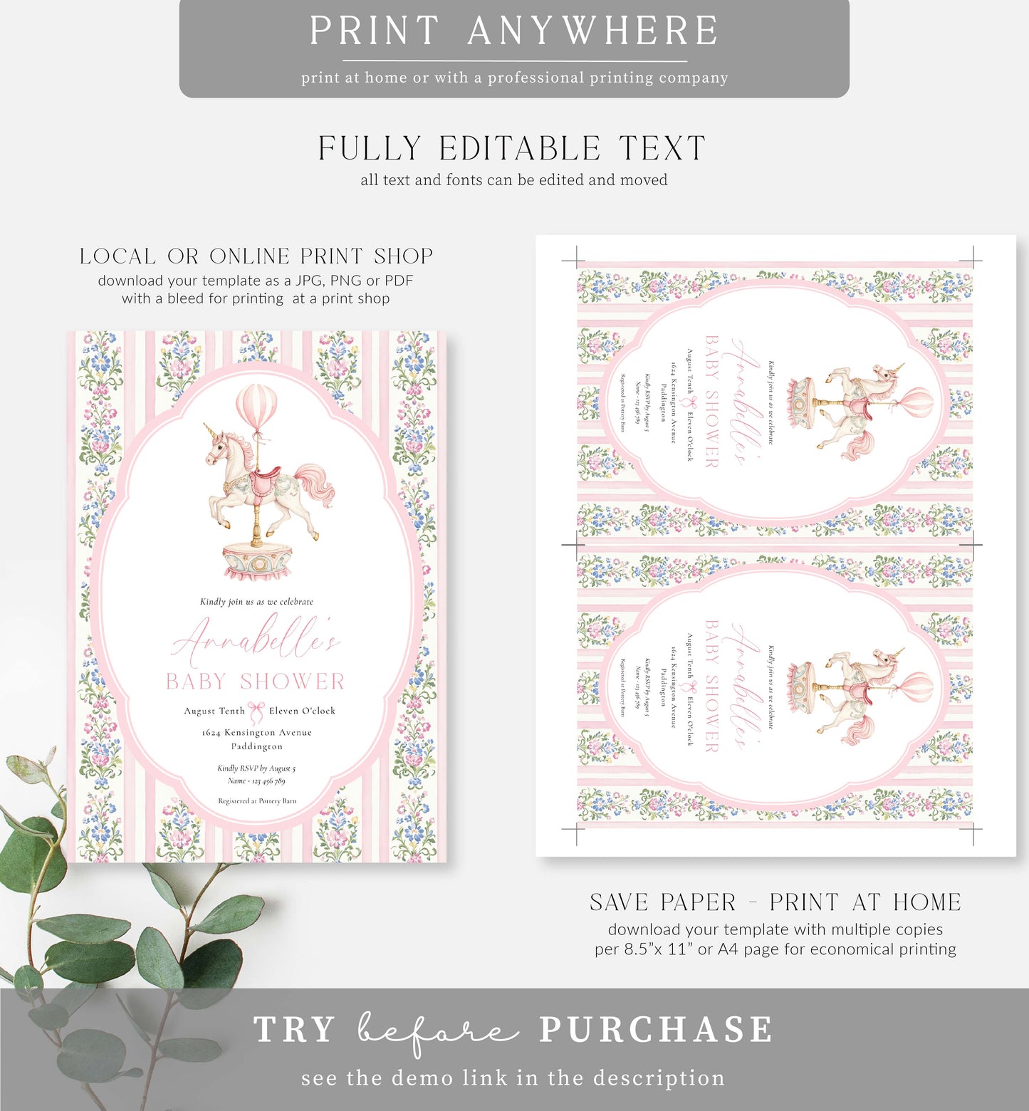 Carousel Pink | Printable Baby Shower Invitation Template
