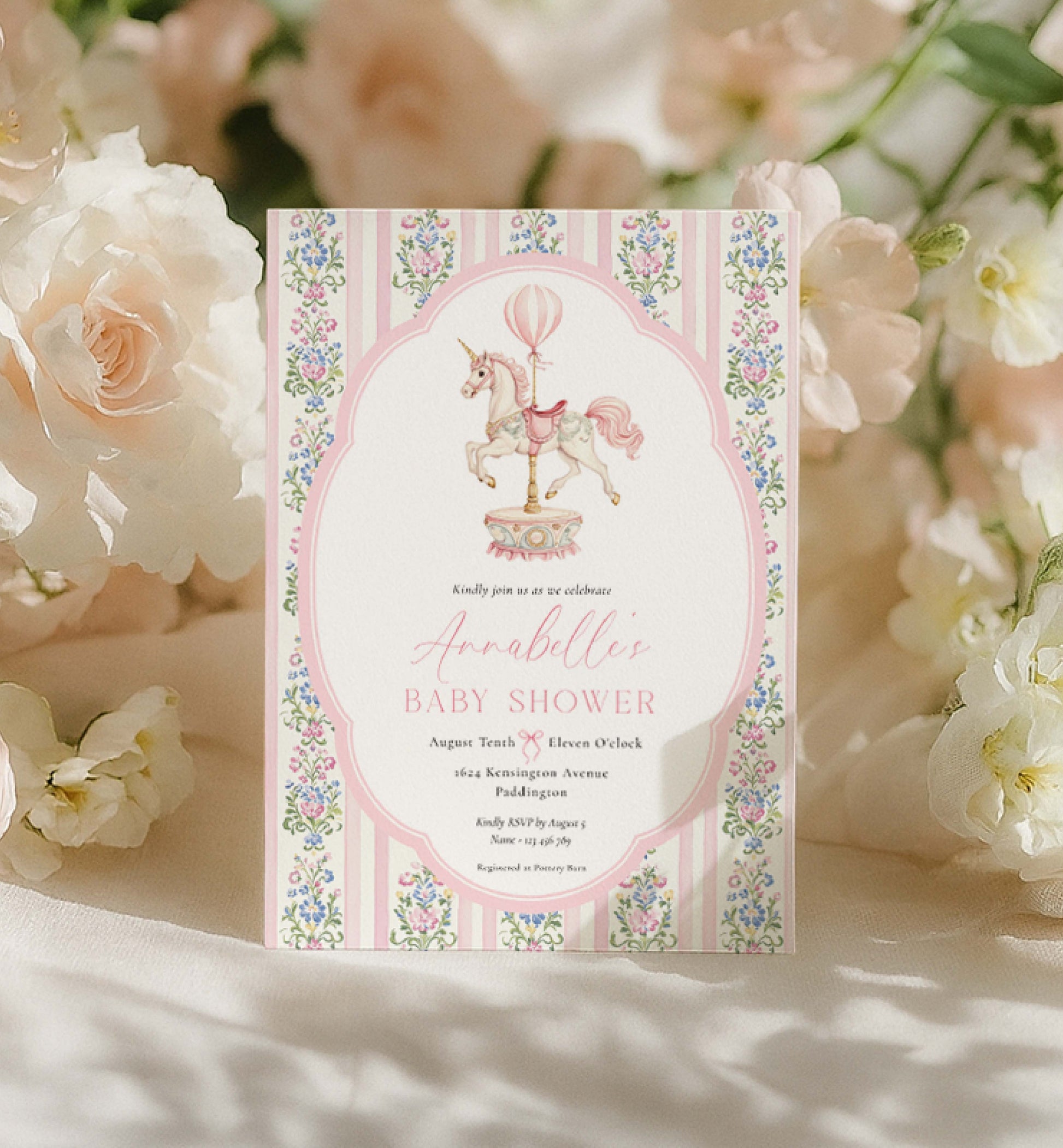 Carousel Horse Baby Shower Invitation, Printable Girl Baby Shower Invite, Whimsical Pink Vintage Circus Horse