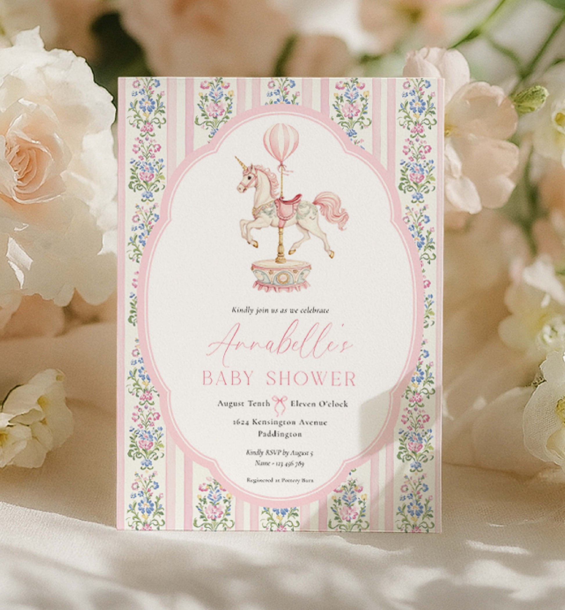 Carousel Horse Baby Shower Invitation, Printable Girl Baby Shower Invite, Whimsical Pink Vintage Circus Horse