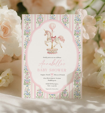 Carousel Horse Baby Shower Invitation, Printable Girl Baby Shower Invite, Whimsical Pink Vintage Circus Horse