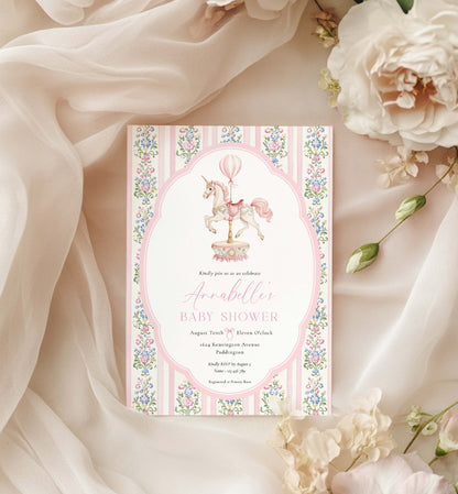 Carousel Horse Baby Shower Invitation, Printable Girl Baby Shower Invite, Whimsical Pink Vintage Circus Horse