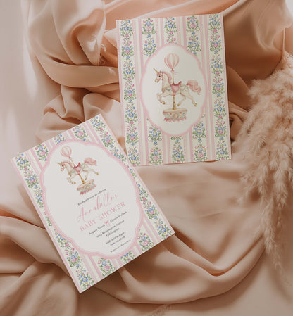 Carousel Horse Baby Shower Invitation, Printable Girl Baby Shower Invite, Whimsical Pink Vintage Circus Horse