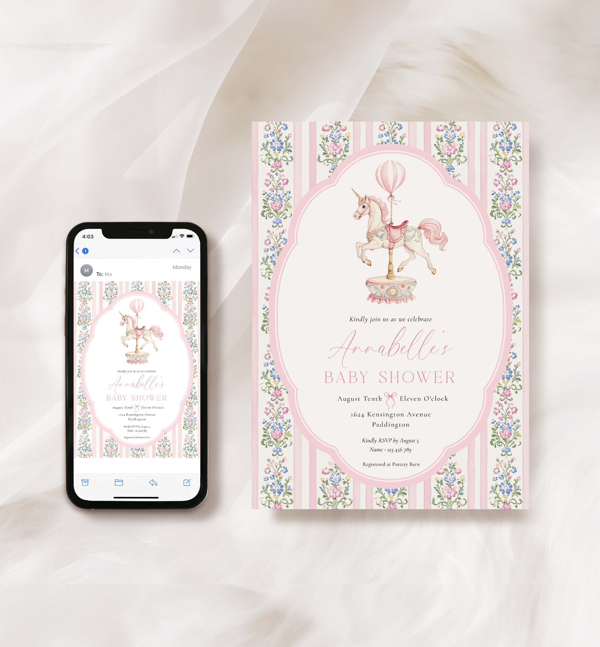 Carousel Horse Baby Shower Invitation, Printable Girl Baby Shower Invite, Whimsical Pink Vintage Circus Horse