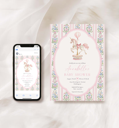 Carousel Horse Baby Shower Invitation, Printable Girl Baby Shower Invite, Whimsical Pink Vintage Circus Horse