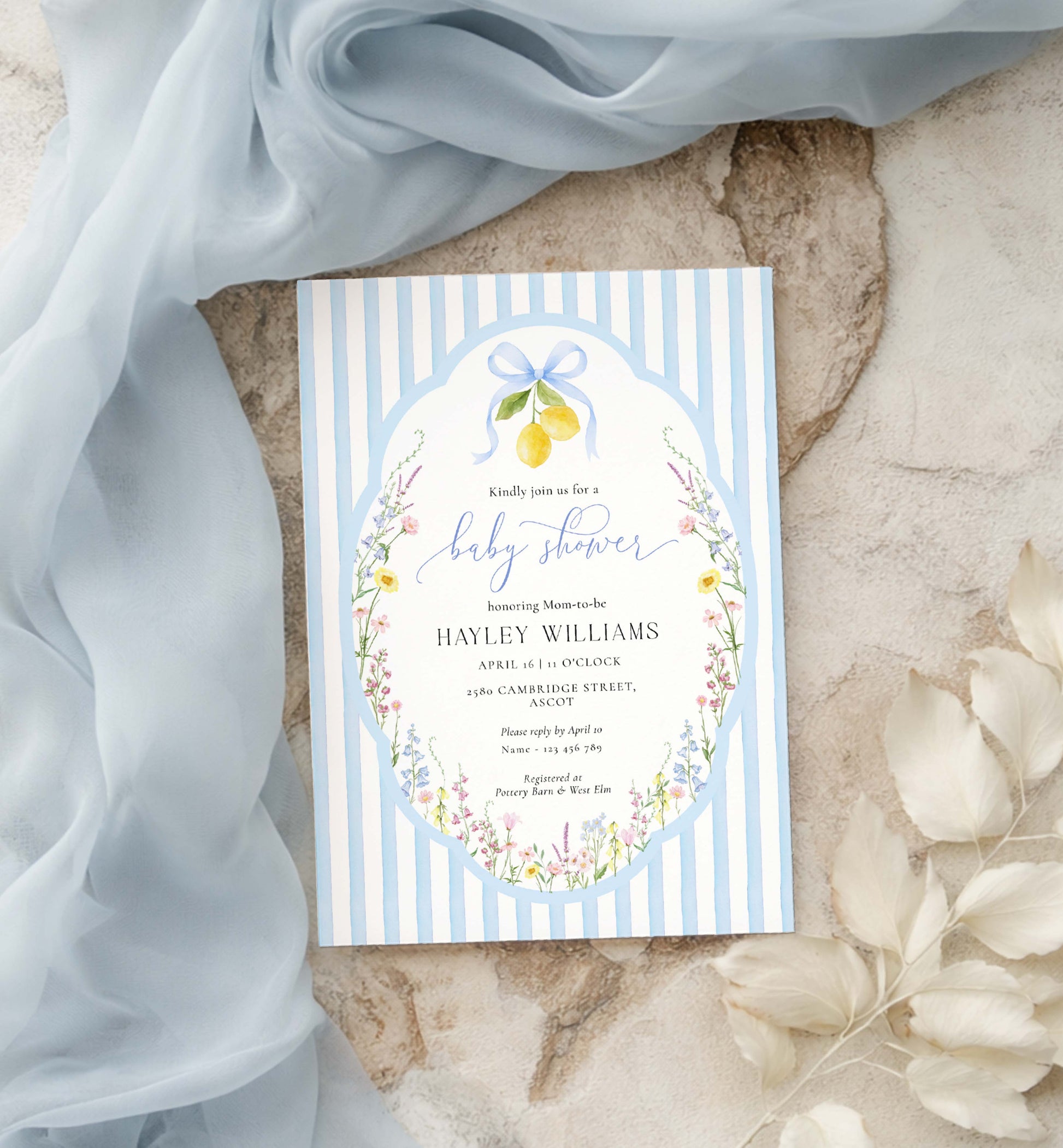 Baby shower invitation with lemon design on a marble surface with fabric and flowers. Printable Spring Wildflower Floral Baby Shower Invitation, Blue Boy Baby Shower Invite, Posey
