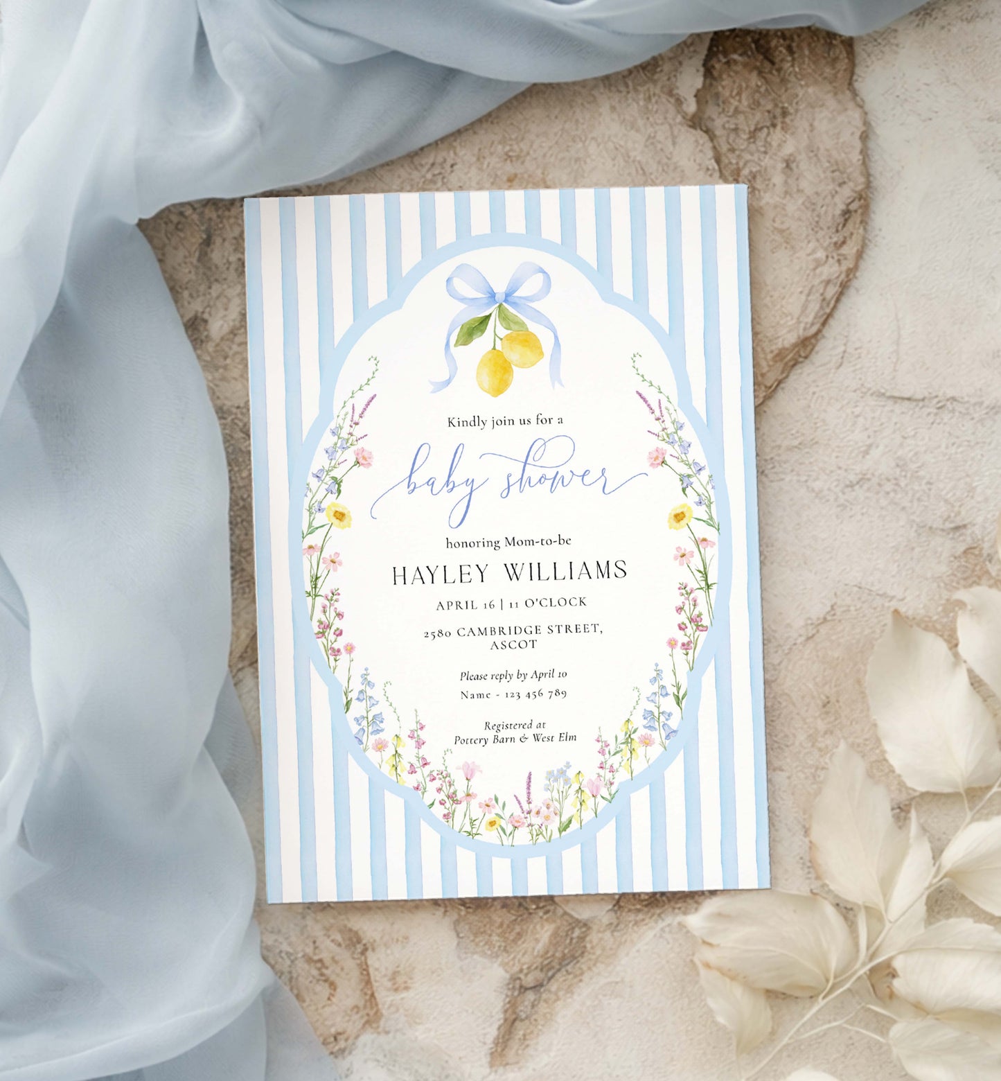 Baby shower invitation with floral design and lemon illustration on a striped background. Printable Spring Wildflower Floral Baby Shower Invitation, Blue Boy Baby Shower Invite, Posey