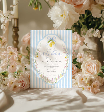 Baby shower invitation card with floral design surrounded by flowers. Printable Spring Wildflower Floral Baby Shower Invitation, Blue Boy Baby Shower Invite, Posey