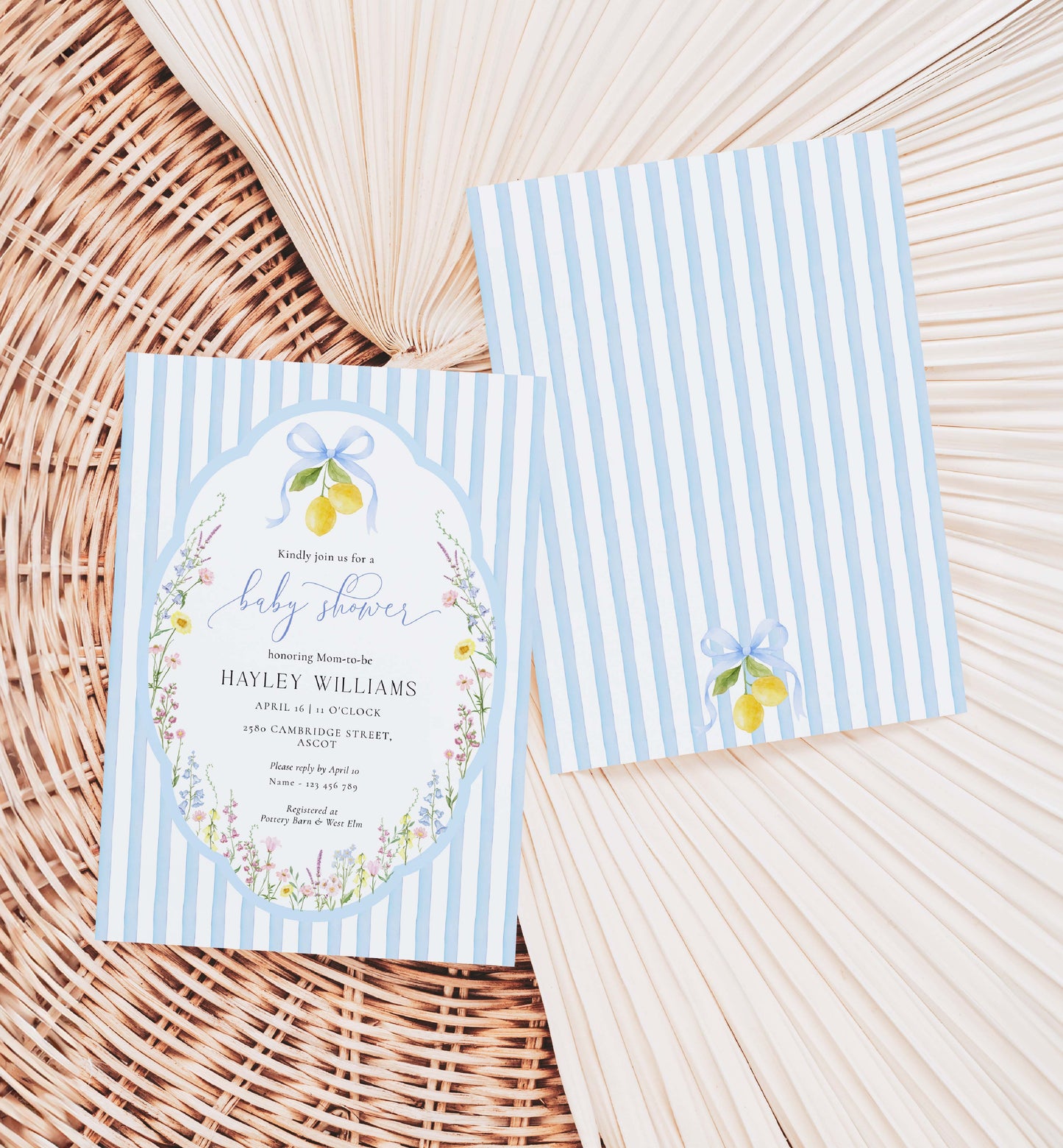 Baby shower invitation with lemon design on a striped background. Printable Spring Wildflower Floral Baby Shower Invitation, Blue Boy Baby Shower Invite, Posey