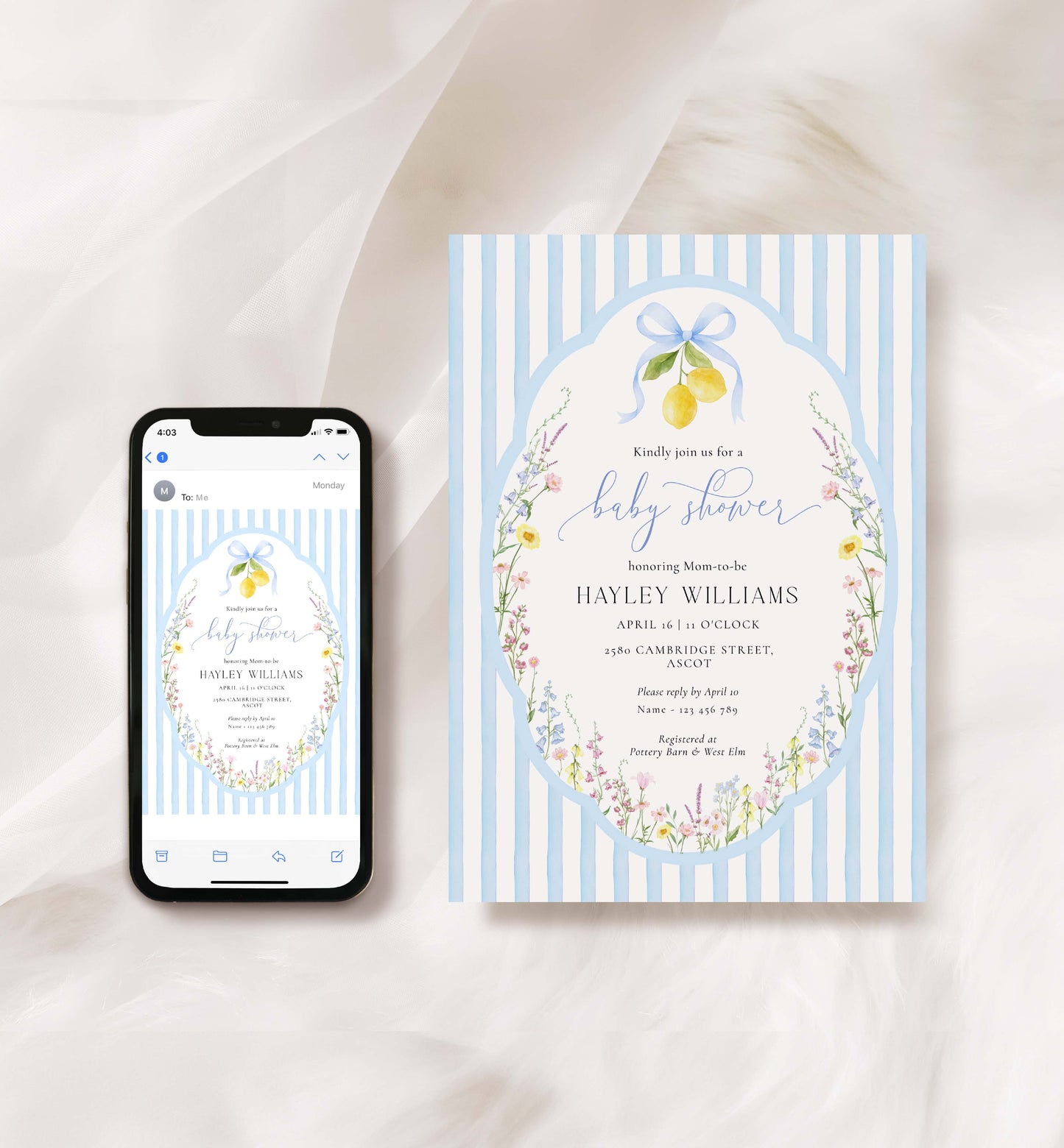 Baby shower invitation with smartphone displaying the same design on a white background. Printable Spring Wildflower Floral Baby Shower Invitation, Blue Boy Baby Shower Invite, Posey