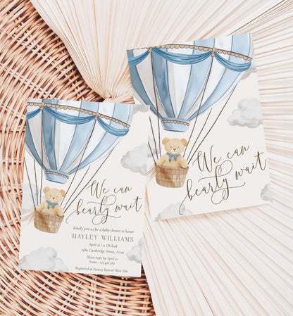 Printable Bearly Wait Baby Shower Invitation Template, Book Request, Diaper Raffle Ticket, Hot Air Balloon Teddy Bear Boy Baby Shower