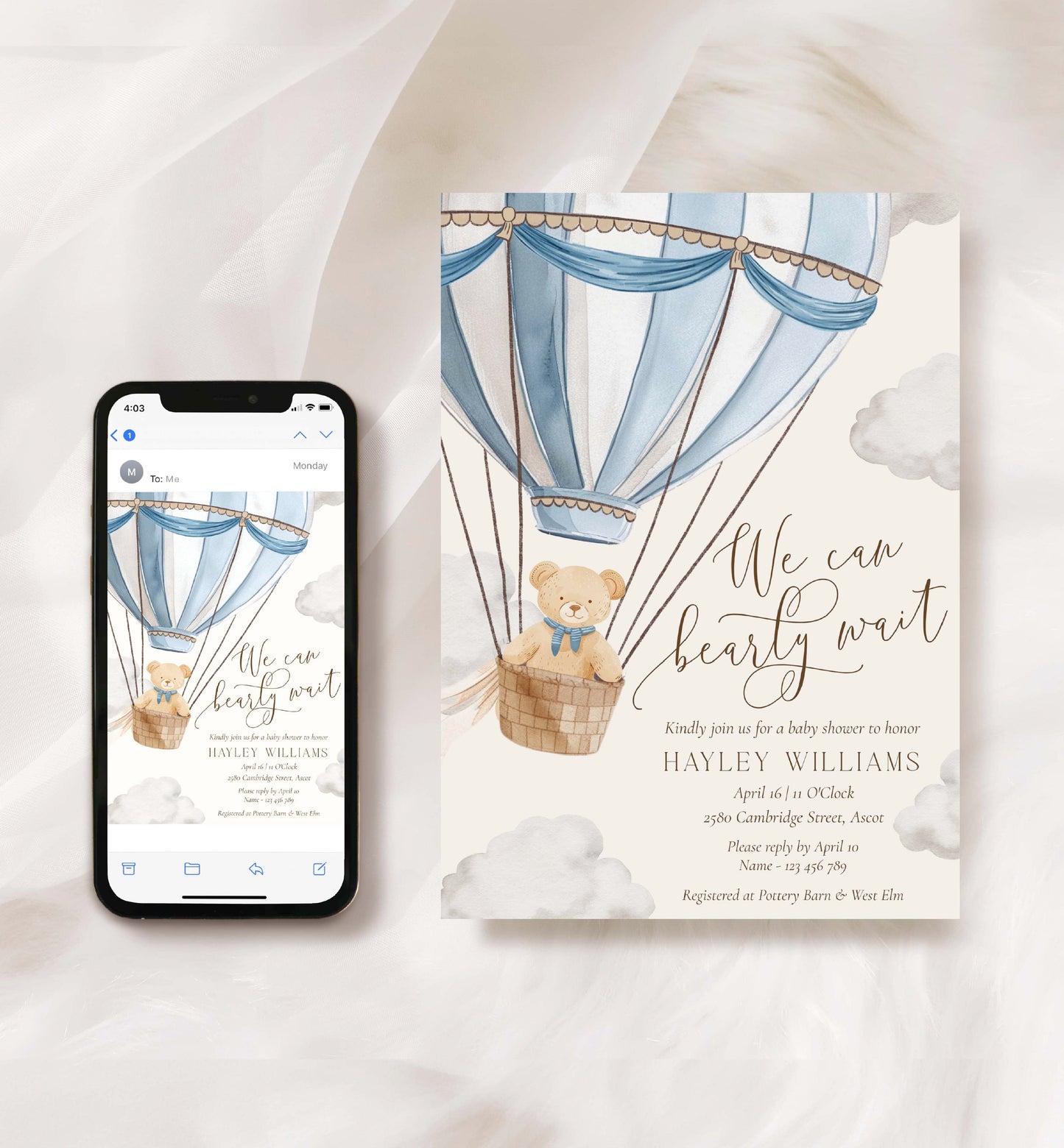 Printable Bearly Wait Baby Shower Invitation Template, Book Request, Diaper Raffle Ticket, Hot Air Balloon Teddy Bear Boy Baby Shower