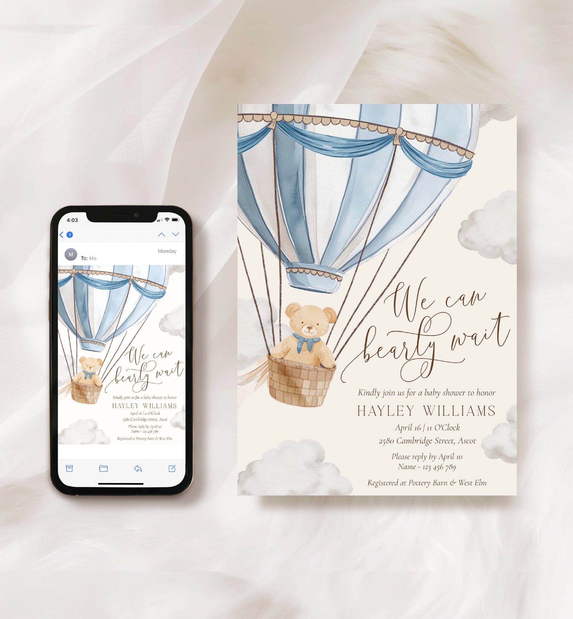 Printable Bearly Wait Baby Shower Invitation Template, Book Request, Diaper Raffle Ticket, Hot Air Balloon Teddy Bear Boy Baby Shower
