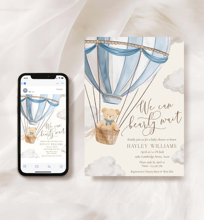 Printable Bearly Wait Baby Shower Invitation Template, Book Request, Diaper Raffle Ticket, Hot Air Balloon Teddy Bear Boy Baby Shower