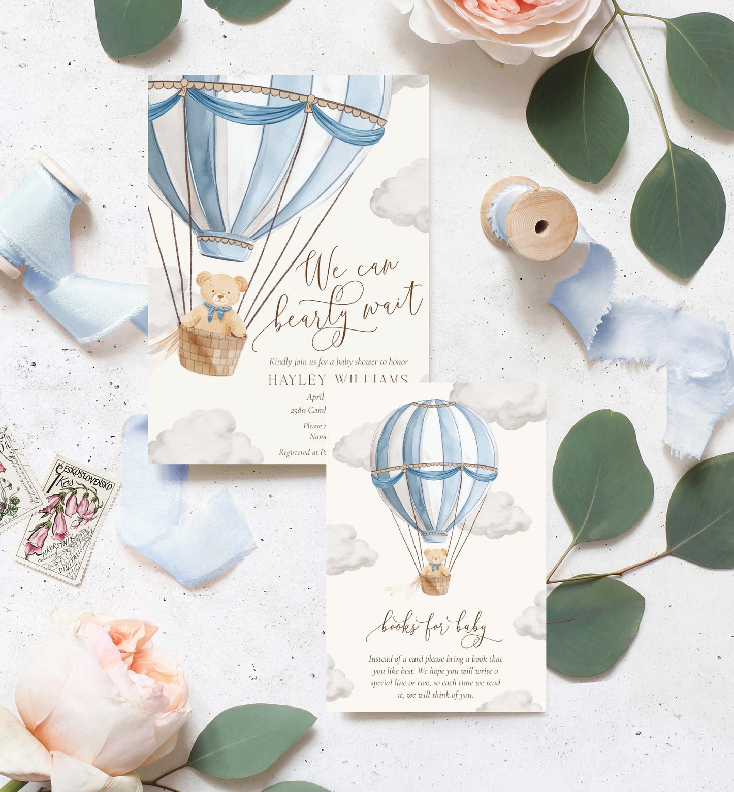 Printable Bearly Wait Baby Shower Invitation Template, Book Request, Diaper Raffle Ticket, Hot Air Balloon Teddy Bear Boy Baby Shower