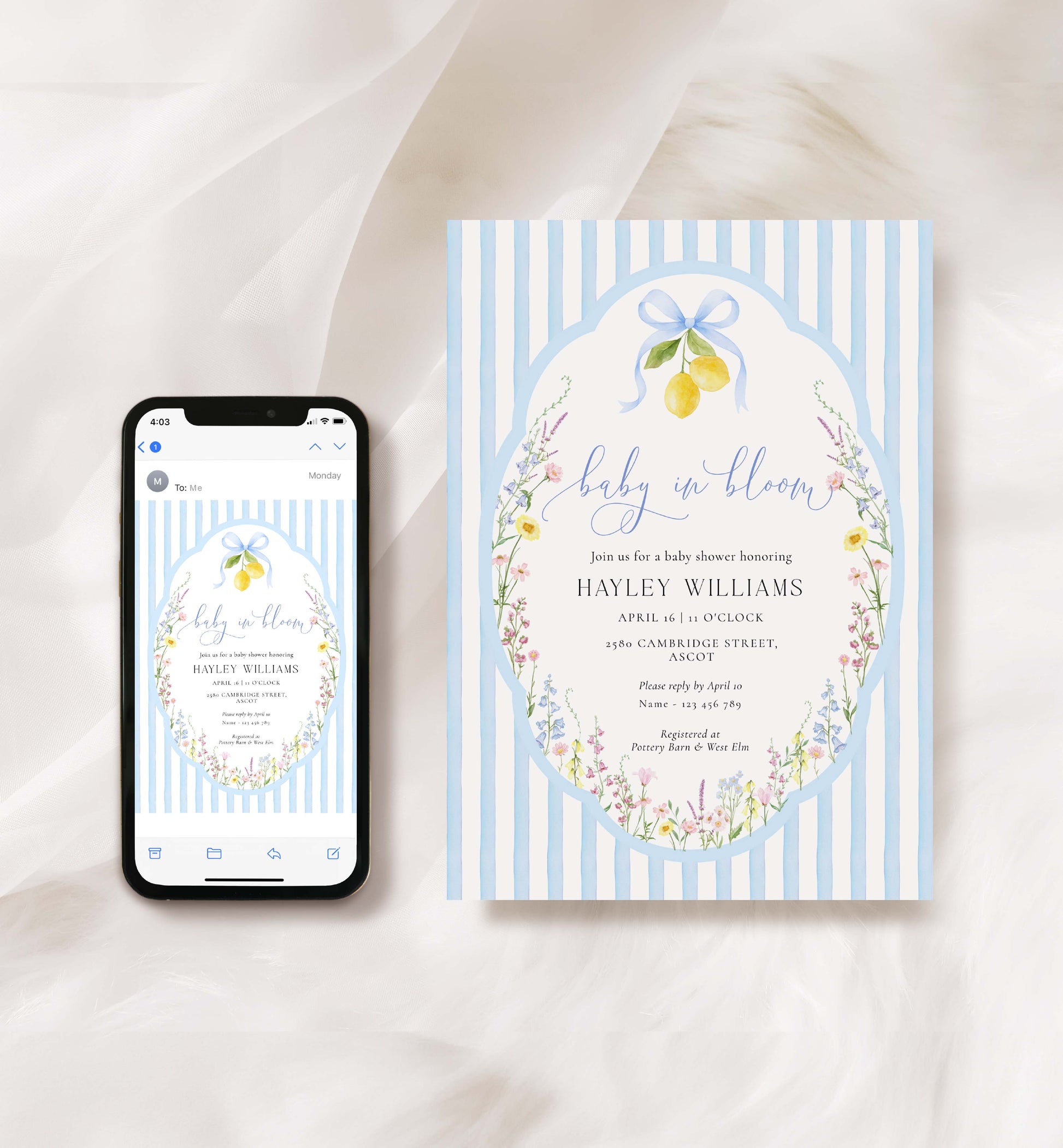 Baby shower invitation with lemons and flowers on a blue striped background, displayed on a phone and card. Printable Baby In Bloom Shower Invitation, Blue Bow, Spring Wildflower Floral, Boy Baby Shower Invite, Posey