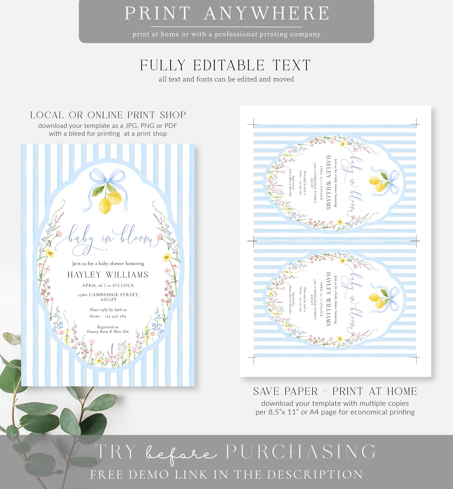 Posey Blue | Printable Baby in Bloom Shower Invitation Template