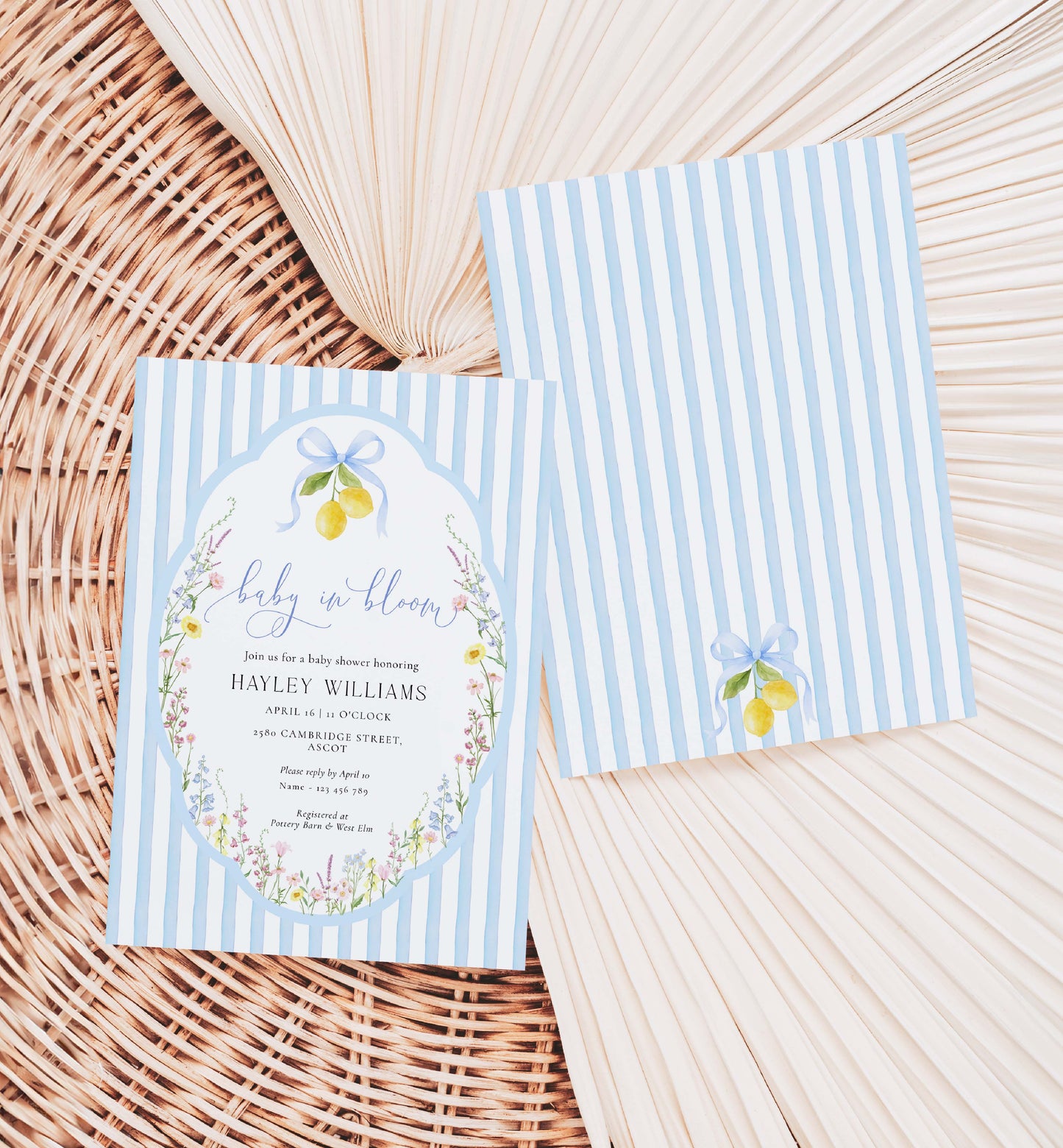 Baby shower invitation with blue stripes on a woven surface. Printable Baby In Bloom Shower Invitation, Blue Bow, Spring Wildflower Floral, Boy Baby Shower Invite, Posey