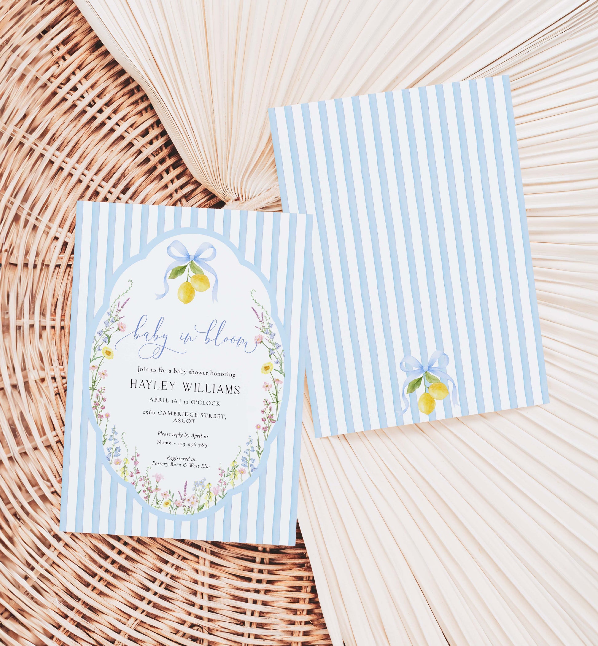 Baby shower invitation with blue stripes on a woven surface. Printable Baby In Bloom Shower Invitation, Blue Bow, Spring Wildflower Floral, Boy Baby Shower Invite, Posey