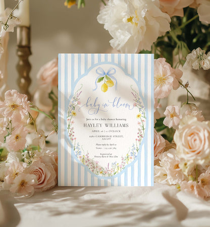 Baby shower invitation with floral design and striped border surrounded by flowers. Printable Baby In Bloom Shower Invitation, Blue Bow, Spring Wildflower Floral, Boy Baby Shower Invite, Posey