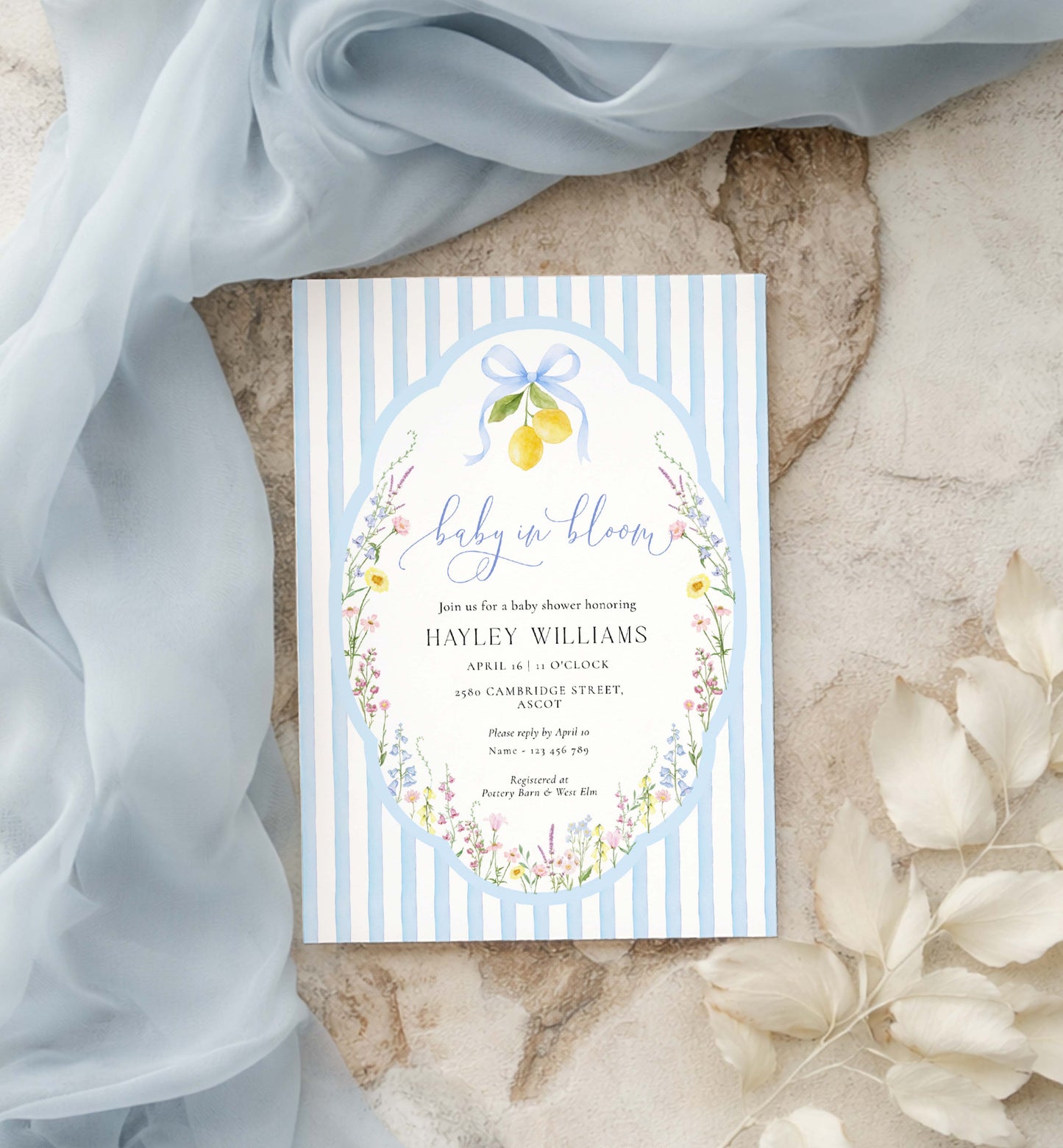 Baby shower invitation with lemon design on a striped background. Printable Baby In Bloom Shower Invitation, Blue Bow, Spring Wildflower Floral, Boy Baby Shower Invite, Posey